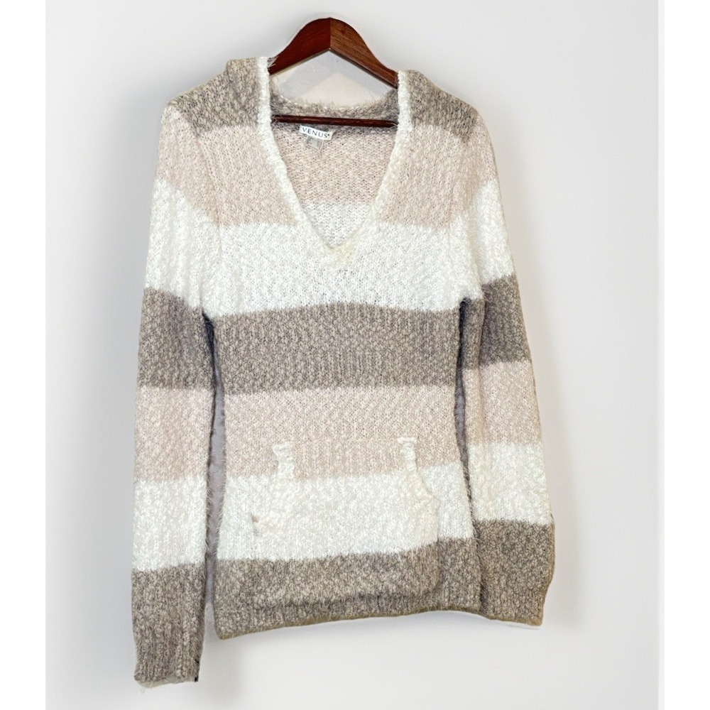 Juniors Venus Hooded Chunky Knit Striped Pullover Sweater w/kangaroo pouch